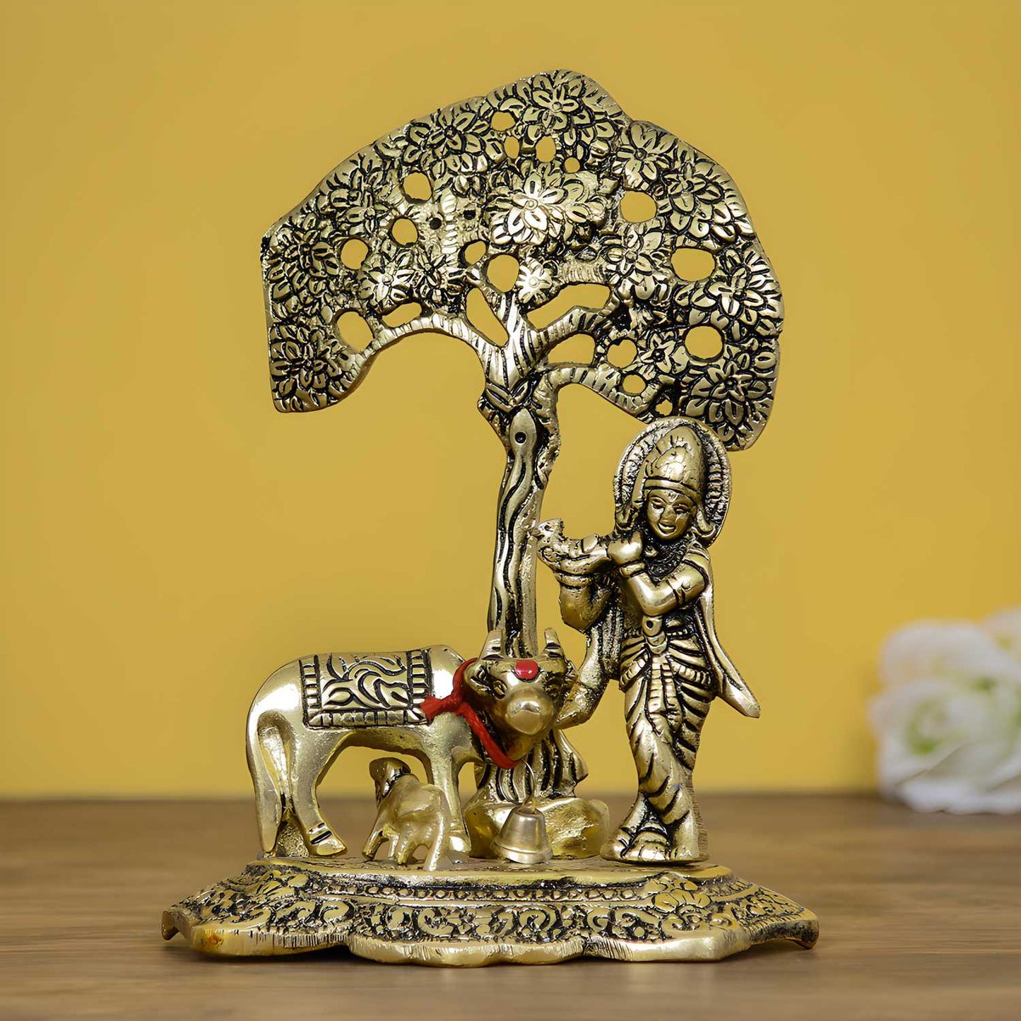 eCraftIndia Lord Krishna playing Flute under Tree with Golden Cow and Calf Showpiece