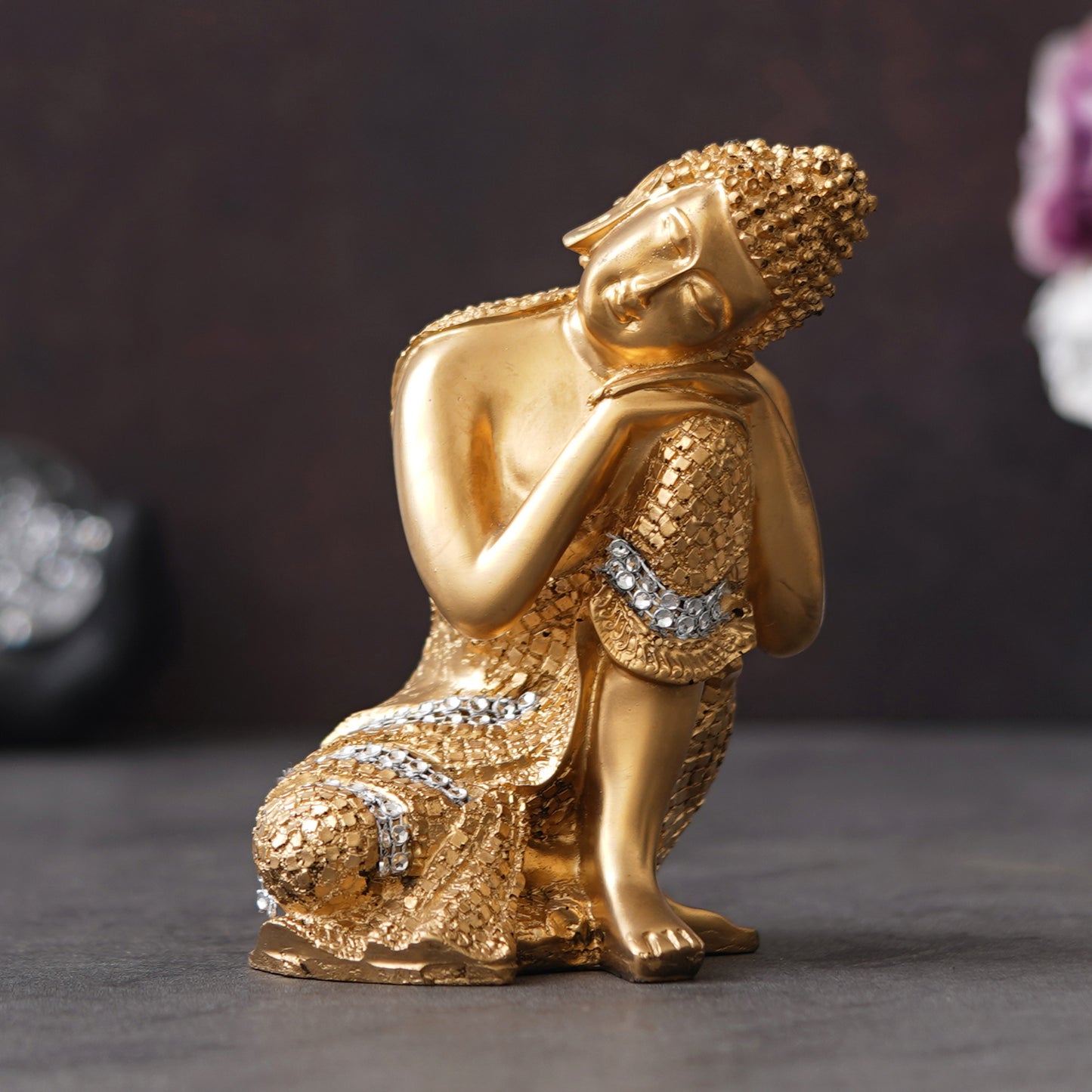 eCraftIndia Golden Buddha on Knee Polyresin Showpiece