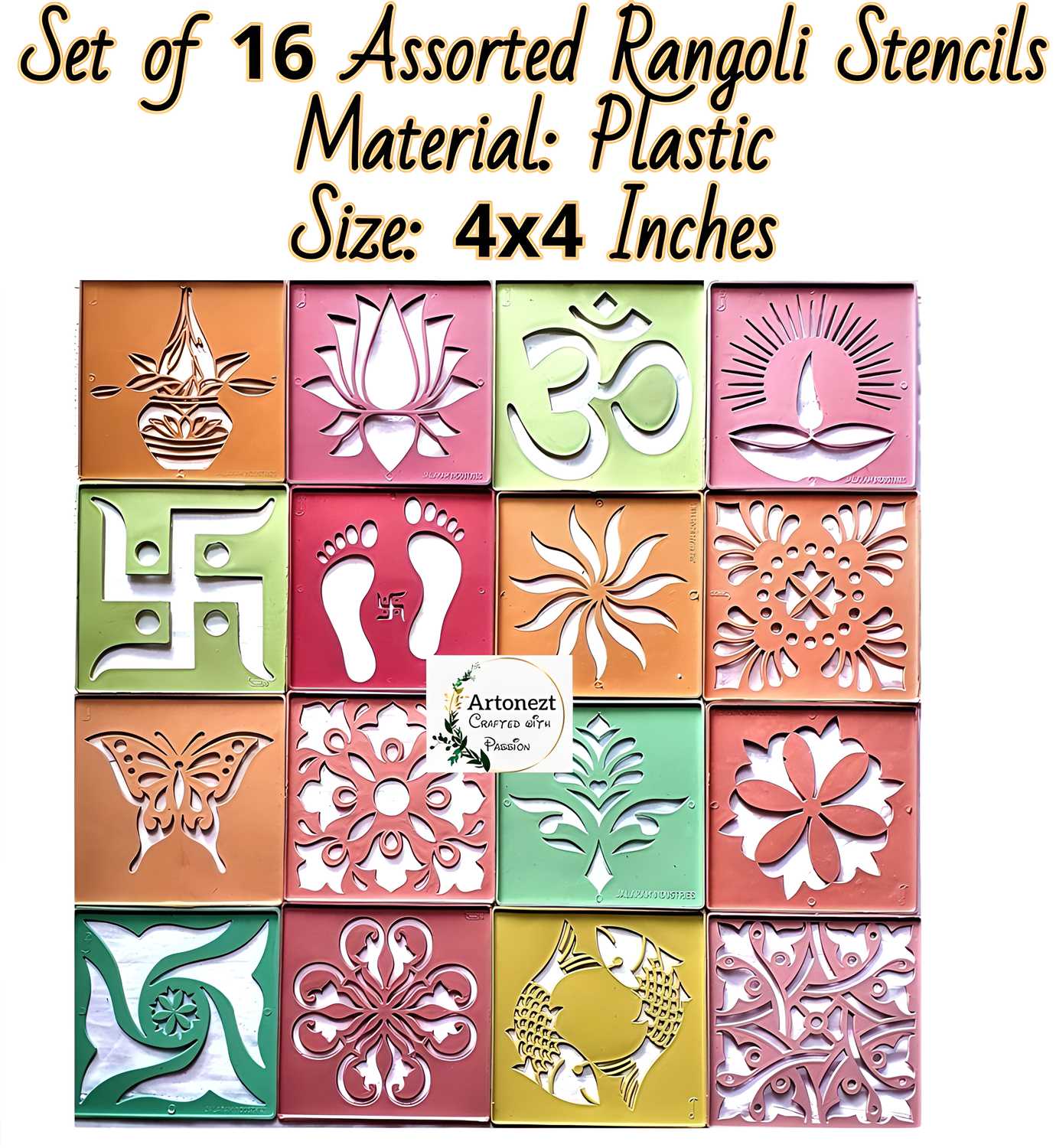 Rangoli Making Tool Stencils (Size 4x4 Inches) & (Size 8x8inches) (Set Of 22)